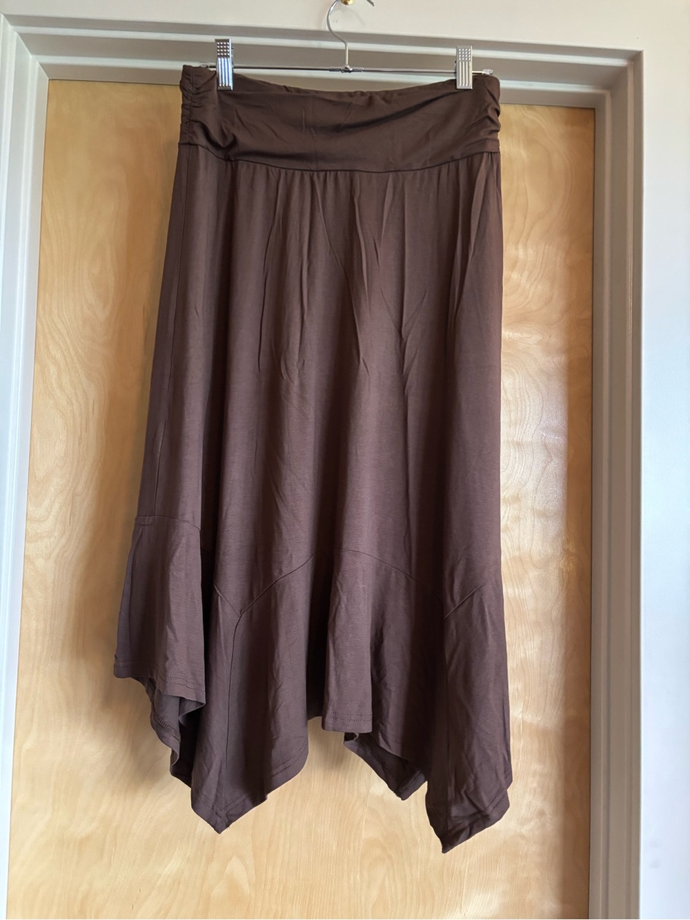 Brown Handkerchief Hem Midi Skirt Foldover Waist Boho Fairycore Flowy Jersey M - Picture 3 of 3
